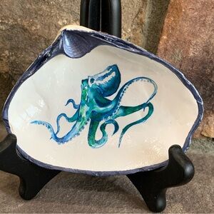 Clam shell jewelry trinket dish decoupage Octopus Nautical decor
